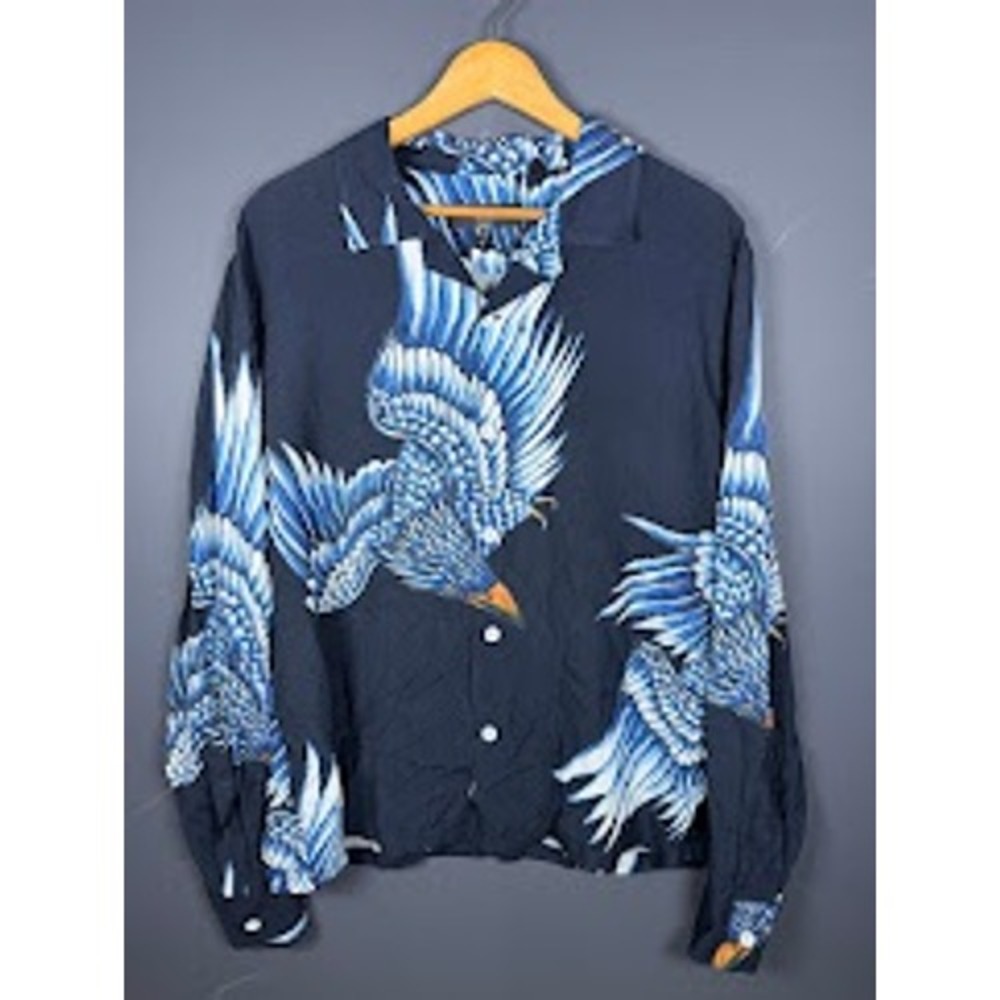 Rag & Bone Mens Medium Blue Eagle Graphic Print Button Down Shirt Long Sleeve